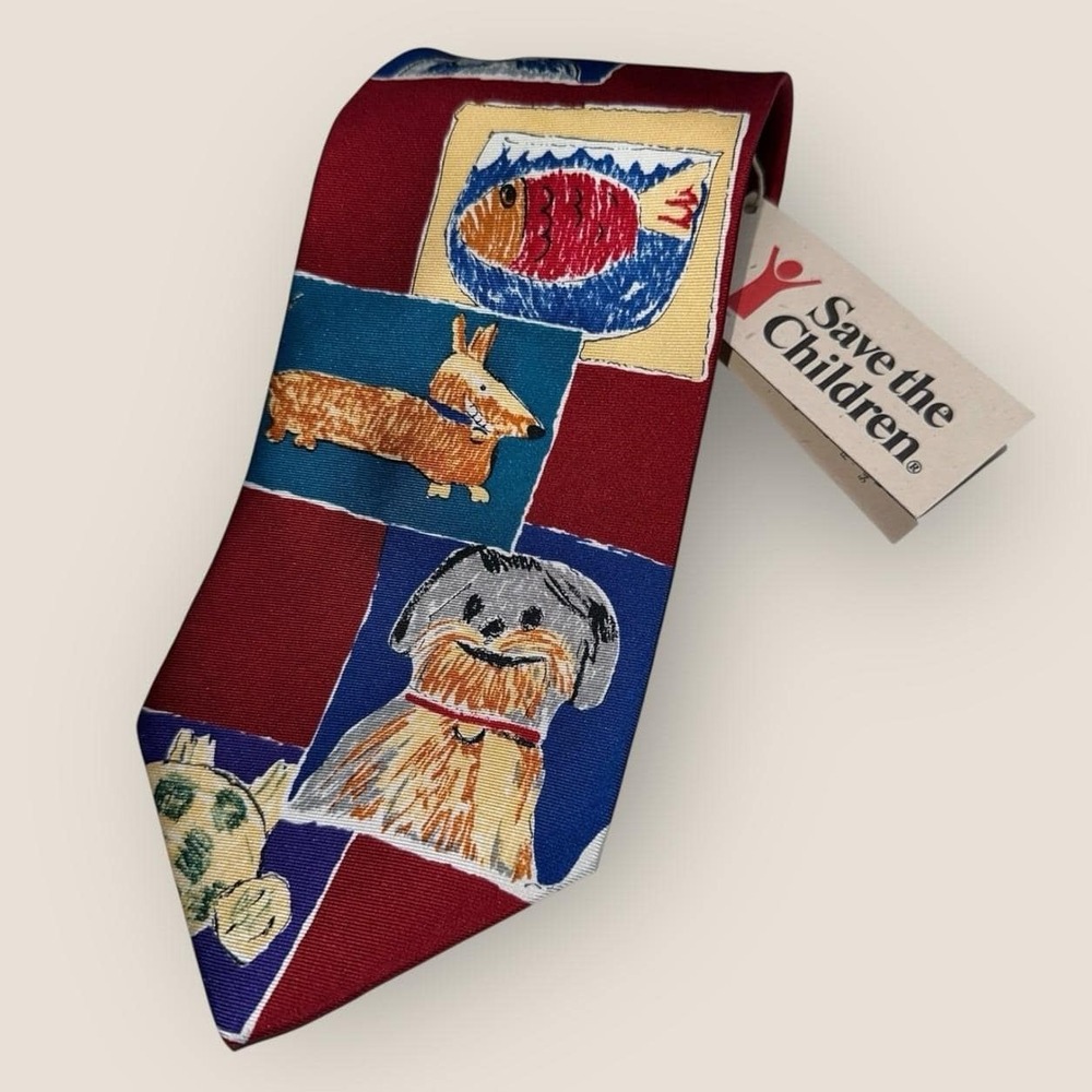 Vintage - Save The Children - Men's Tie "My Best Friends" Pets - Red Silk 57"